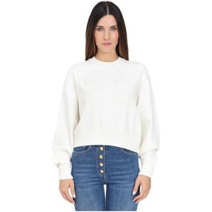 Elisabetta Franchi, Truien, Dames, Wit, L, Polyester, Cropped Crewneck Sweater Ivory