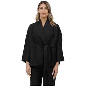 Alpha Studio, Truien, Dames, Zwart, S, Linnen, Linnen kimono cardigan met ceintuur