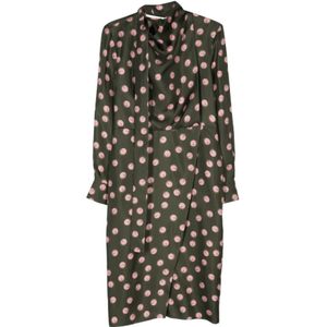 Fendi, Kleedjes, Dames, Groen, S, Zijden jurk met stippen en hoge hals