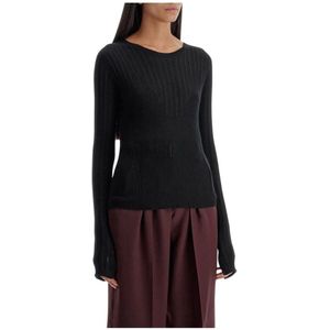 Lanvin, Truien, Dames, Zwart, S, Wol, Zwarte Geribbelde Wollen Gebreide Trui