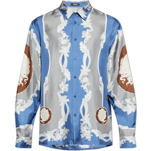 Versace, Overhemden, Heren, Blauw, S, Zijden shirt met Medusa Cameo-print