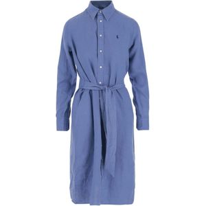 Polo Ralph Lauren, Kleedjes, Dames, Blauw, 2Xs, Linnen, Blauwe Linnen Jurkshirt met Logo