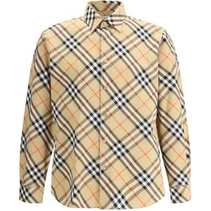 Burberry, Overhemden, Heren, Beige, S, Katoen, Geruite overhemd met verstelbare manchetten