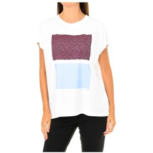 Calvin Klein, Tops, Dames, Veelkleurig, M, Katoen, T-shirt met Korte Mouwen en Geribbelde Ronde Hals