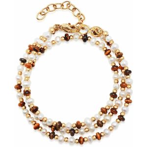 Nialaya, Accessoires, Heren, Geel, 2Xl, Wikkelarmband met witte parels, bruin tijgeroog en goud