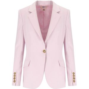 Elisabetta Franchi, Jassen, Dames, Roze, S, Polyester, Roze Stretch Crêpe Jas met Logo Metalen Knoop