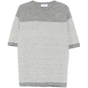Lardini, Tops, Heren, Grijs, L, Linnen, Fijngebreid T-shirt met witte strepen