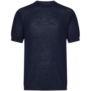Low Brand, Tops, Heren, Blauw, XL, Katoen, Blauw Jacquard Crewneck T-shirt