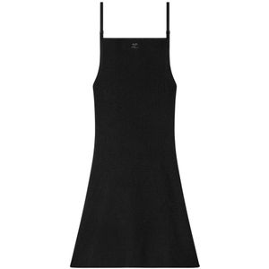 Courrèges, Kleedjes, Dames, Zwart, M, Polyester, Geribbelde Gebreide Jurk Vierkante Hals