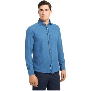 Brooks Brothers, Overhemden, Heren, Blauw, M, Katoen, Slim Fit Katoen-Linnen Chambray Overhemd met gespreide kraag