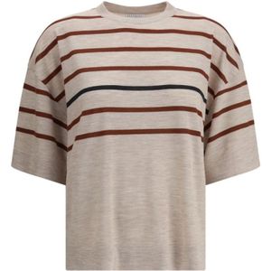 Brunello Cucinelli, Tops, Dames, Beige, XS, Wol, Gestreept wollen T-shirt met geribbelde ronde hals