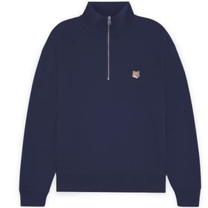 Maison Kitsuné, Truien, Heren, Blauw, XL, Katoen, FOX Head Patch Comfort Half ZIP Sweatshirt
