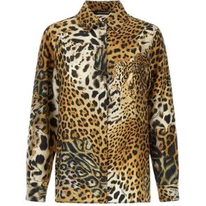 Roberto Cavalli, Blouses & Shirts, Dames, Bruin, M, Zijden Jaguarhuiden Shirt Lichtbruin