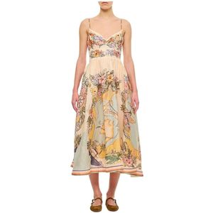 Zimmermann, Kleedjes, Dames, Veelkleurig, L, Linnen, Bloemenprint Linnen Midi Jurk