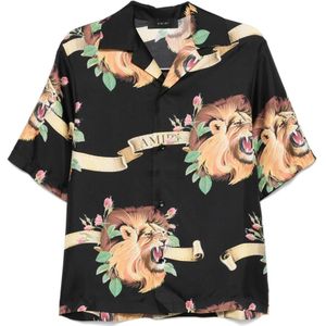 Amiri, Overhemden, Heren, Veelkleurig, S, Zijden overhemd met bloemen- en leeuwenprint