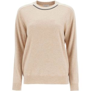 Brunello Cucinelli, Truien, Dames, Beige, M, Cashmere Crewneck Pullover met Monile Borduursel