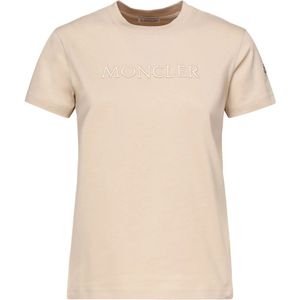 Moncler, Tops, Dames, Beige, XS, Katoen, T-shirt met Ton-sur-ton Geborduurd Logo