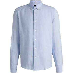 Hugo Boss, Overhemden, Heren, Blauw, M, Linnen, Linnen knoop-down overhemd, reguliere pasvorm