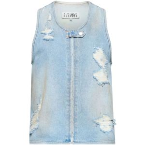 MM6 Maison Margiela, Tops, Dames, Blauw, 2Xs, Lichtblauwe Sweater met Distressed Effect