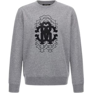 Roberto Cavalli, Sweatshirts & Hoodies, Heren, Grijs, 2Xl, Katoen, Grijze Bedrukte Sweatshirt Made in Italy