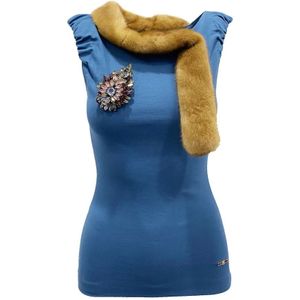 Dsquared2, Tops, Dames, Blauw, S, Mouwloze top met nertskraag en kristallen broche