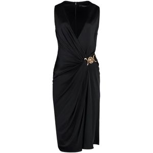Versace, Kleedjes, Dames, Zwart, XS, Jersey Jurk met V-hals en Medusa Detail
