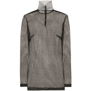 Dolce & Gabbana, Blouses & Shirts, Dames, Zwart, S, Katoen, Zwarte Mesh Blouse Hoge Hals Lange Mouwen