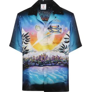 Casablanca, Overhemden, Heren, Veelkleurig, S, Satijn, Blauwe Zijden Shirt Vintage Sci-Fi Visie