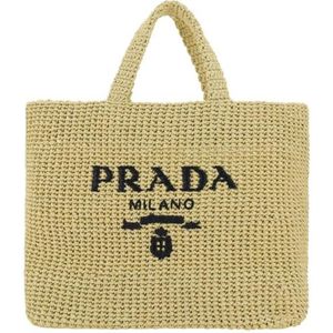 Prada, Tassen, Dames, Bruin, ONE Size, Polyester, Raffia Shopping Handtas met Dubbele Handvatten