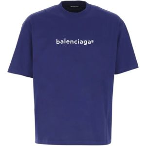 Balenciaga, Tops, Heren, Blauw, XS, Katoen, Logo Print Blauw Oversized T-shirt