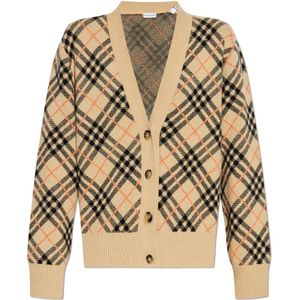 Burberry, Truien, Dames, Beige, XL, Kasjmier, Cardigan met Ruitpatroon