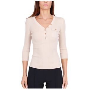 Elisabetta Franchi, Tops, Dames, Beige, M, Zijden V-hals Geribbelde Jersey Top