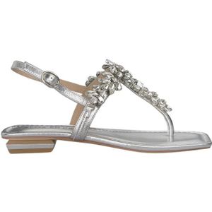 Alma EN Pena, Schoenen, Dames, Grijs, 41 EU, Leer, Kristal Square Toe Platte Sandalen