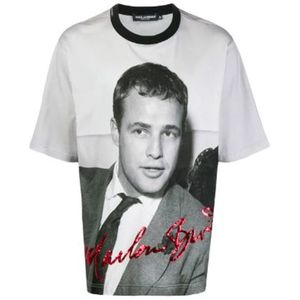 Dolce & Gabbana, Tops, Heren, Veelkleurig, XS, Katoen, Marlon Brando Logo Print T-Shirt