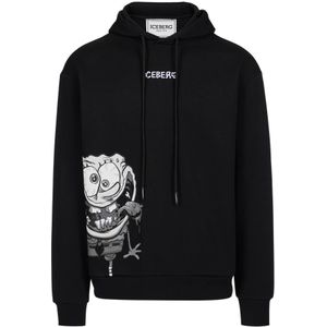 Iceberg, Sweatshirts & Hoodies, Heren, Zwart, S, Katoen, Regular fit witte hoodie met Sponge Bob-print en logo-borduursel