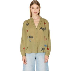 Berenice, Blouses & Shirts, Dames, Groen, M, Katoen, Cassandralucky Chemise khaki vloeibaar met borduursels