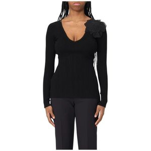 Elisabetta Franchi, Truien, Dames, Zwart, L, Wol, Zwarte Bloemenapplicatie V-hals Trui