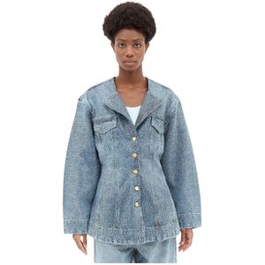 Ganni, Jassen, Dames, Blauw, L, Denim, Denim Blazer met Kristallen