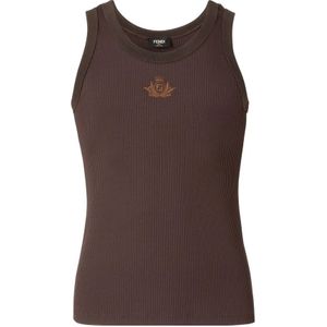Fendi, Tops, Heren, Bruin, M, Katoen, Bruine Mouwloze Katoenen Top met Ronde Hals