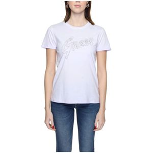 Guess, Tops, Dames, Paars, L, Katoen, Lace Logo T-Shirt Lente/Zomer Collectie