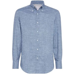Brunello Cucinelli, Overhemden, Heren, Blauw, L, Blauwe Button-Down Shirt met Box-Pleat Detail