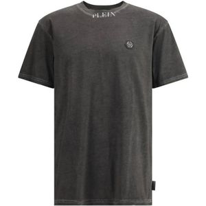 Philipp Plein, Tops, Heren, Grijs, L, Katoen, Urban Leren Patch Handtekening Print T-Shirt