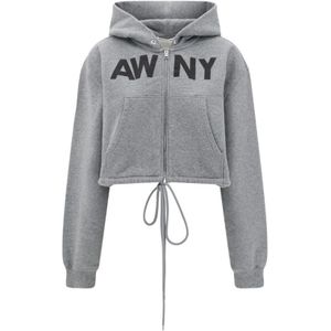 Alexander Wang, Sweatshirts & Hoodies, Dames, Grijs, S, Cropped Hoodie met Handtekening Print