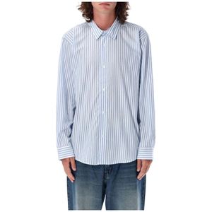 Pop Trading Company, Overhemden, Heren, Blauw, M, Katoen, Blauw Gestreept Lang Shirt met Lange Mouwen