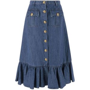 Valentino Garavani, Rokken, Dames, Blauw, S, Denim, Blauwe Denim Rok met Volants