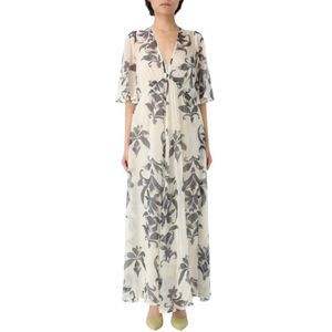 Forte Forte, Kleedjes, Dames, Wit, M, Elegante Bloemen Zijden Maxi Jurk