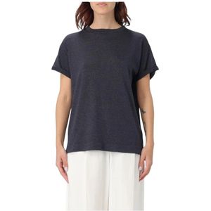 Brunello Cucinelli, Tops, Dames, Blauw, L, Luxe korte mouw ronde hals trui