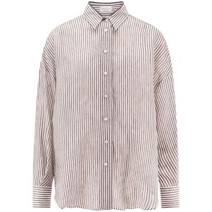 Brunello Cucinelli, Blouses & Shirts, Dames, Veelkleurig, L, Linnen, Witte Overhemd met Lange Mouwen en Knopen