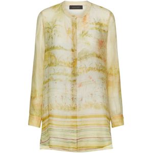 Elena Mirò, Blouses & Shirts, Dames, Veelkleurig, M, Gedrukte ramie lange overhemd met mandarijnkraag