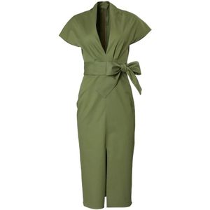 Carolina Herrera, Kleedjes, Dames, Groen, M, Katoen, V-Hals Midi Jurk met Voorpand